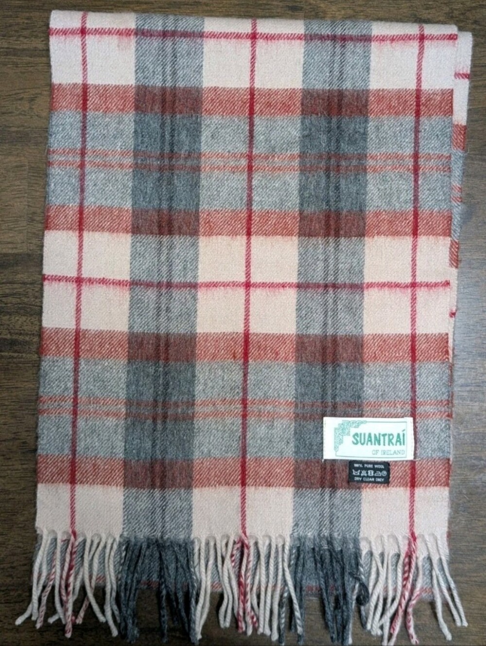 SUANTRAI IRELAND RED/GREY/TAN Plaid Fringed 100% Pure Wool Scarf